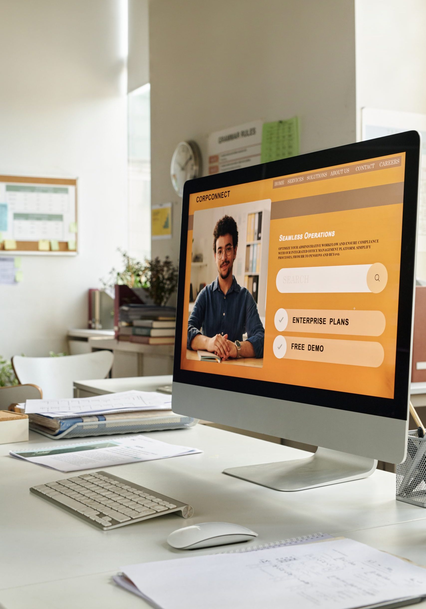 Person working in modern office setting, focused on computer screen displaying business software. Multiple documents and office supplies scattered on desk
